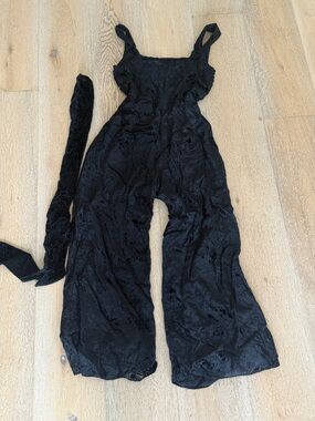 Moulinette soeurs X Anthropologie Velvet Black Wide-Leg Jumpsuit with Tie Waist